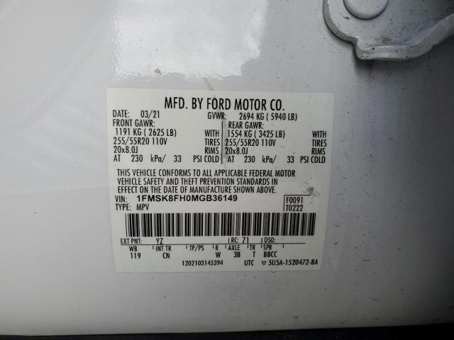 1FMSK8FH0MGB36149 - 2021 FORD EXPLORER LIMITED WHITE photo 13