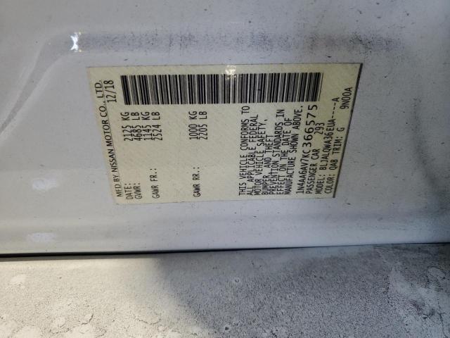 1N4AA6AV7KC366575 - 2019 NISSAN MAXIMA S WHITE photo 12