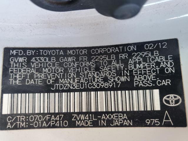 JTDZN3EU1C3098917 - 2012 TOYOTA PRIUS V WHITE photo 12