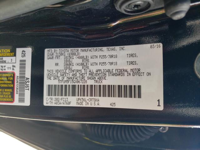 5TFUM5F15GX067228 - 2016 TOYOTA TUNDRA DOUBLE CAB SR/SR5 BLACK photo 12