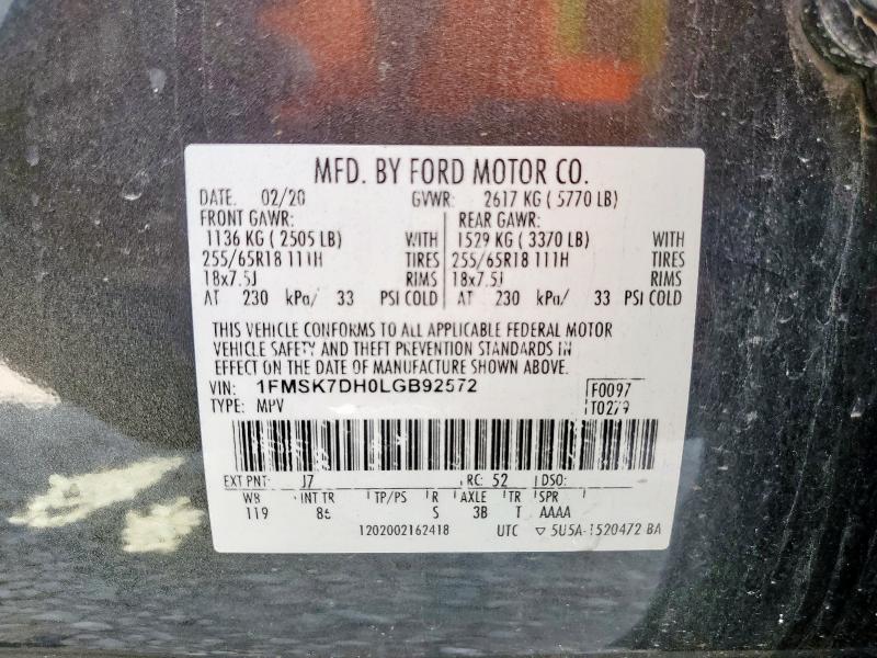 1FMSK7DH0LGB92572 - 2020 FORD EXPLORER XLT 灰色 照片 13