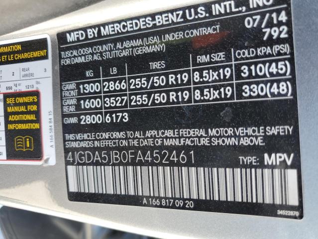 4JGDA5JB0FA452461 - 2015 MERCEDES-BENZ ML 350 SILVER photo 14