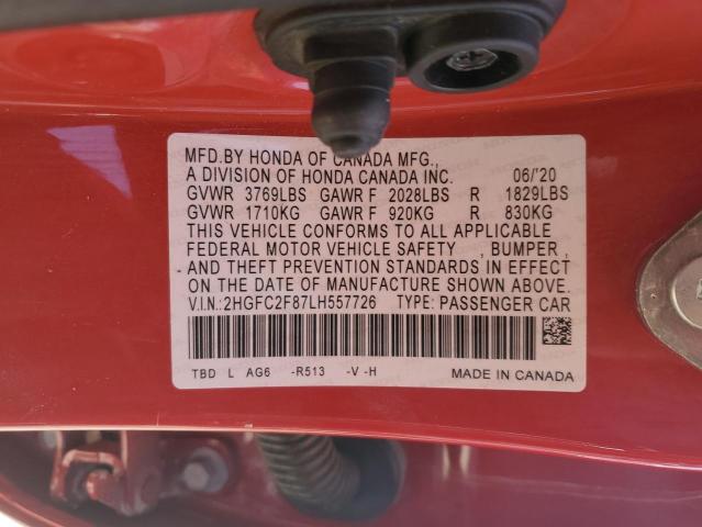 2HGFC2F87LH557726 - 2020 HONDA CIVIC SPORT 红色 照片 12