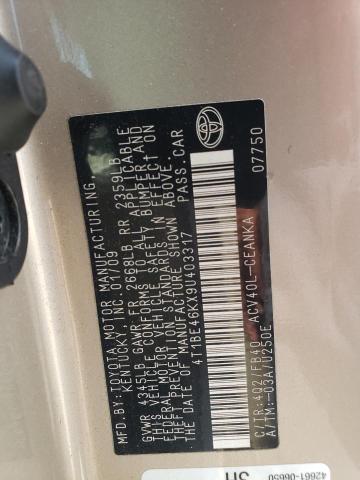 4T1BE46KX9U403317 - 2009 TOYOTA CAMRY BASE BEIGE photo 12