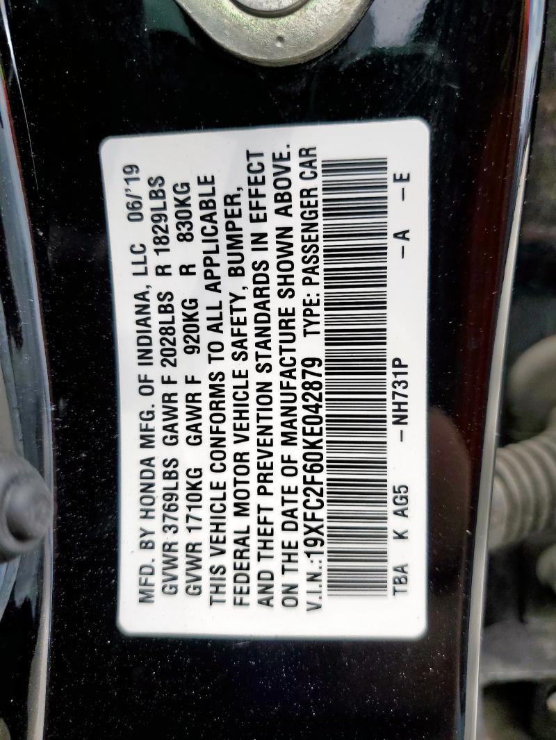 19XFC2F60KE042879 - 2019 HONDA CIVIC LX შავი ფოტო 12