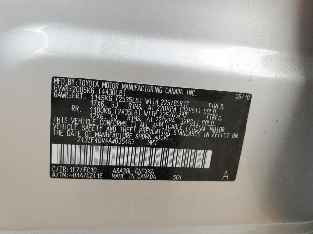 2T3ZF4DV4AW035463 - 2010 TOYOTA RAV4 SILVER photo 14