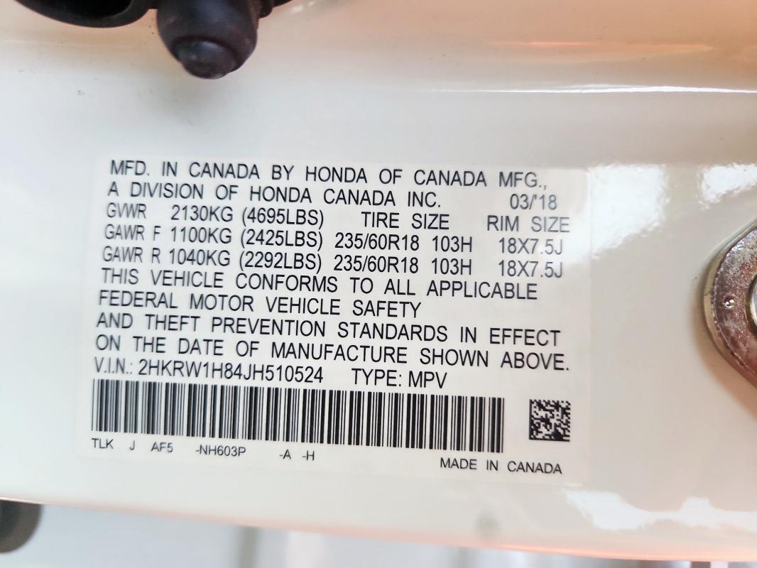 2HKRW1H84JH510524 - 2018 HONDA CR-V EXL WHITE photo 13