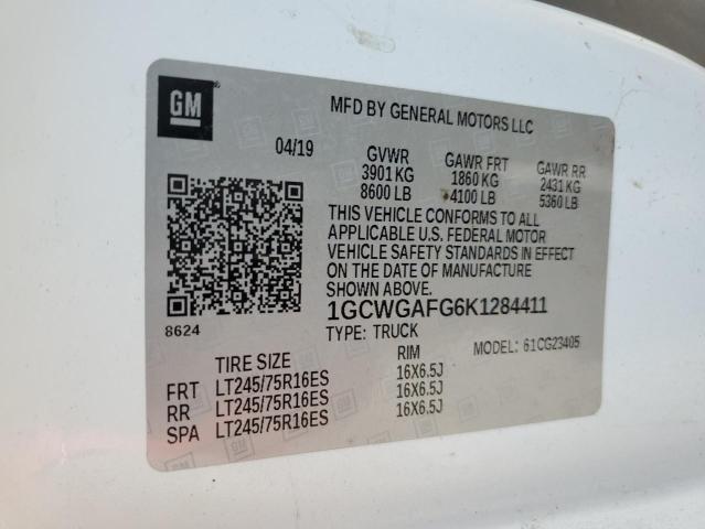 1GCWGAFG6K1284411 - 2019 CHEVROLET EXPRESS G2500 Ақ фото 13