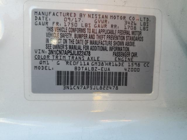 3N1CN7AP5JL822478 - 2018 NISSAN VERSA S 白色 照片 12