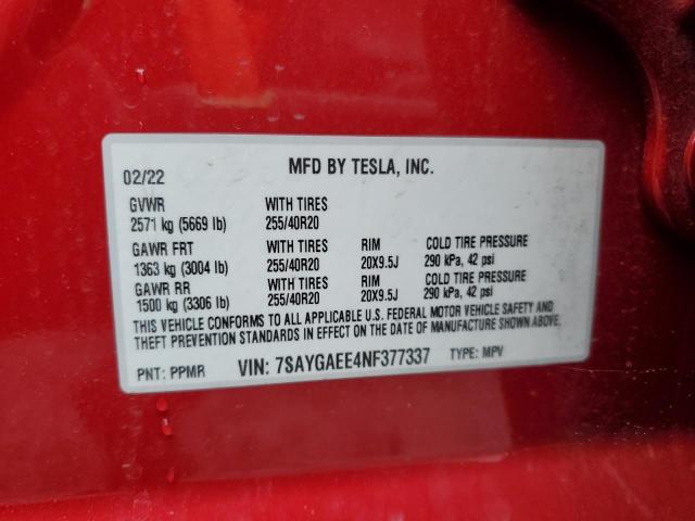 7SAYGAEE4NF377337 - 2022 TESLA MODEL Y RED photo 13