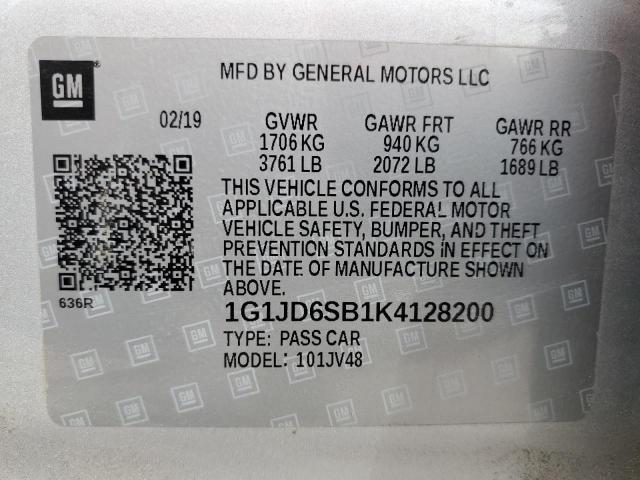 1G1JD6SB1K4128200 - 2019 CHEVROLET SONIC LT SILVER photo 12