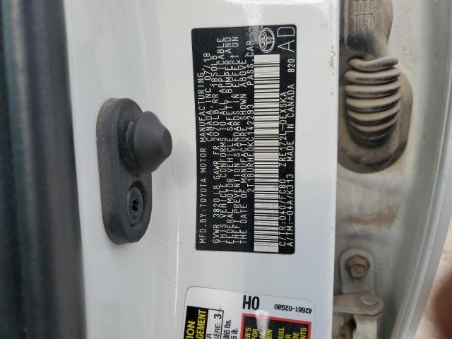 2T1BURHE0KC142293 - 2019 TOYOTA COROLLA L თეთრი ფოტო 12