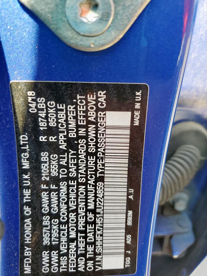 SHHFK7H51JU224859 - 2018 HONDA CIVIC EX Blau Foto 12