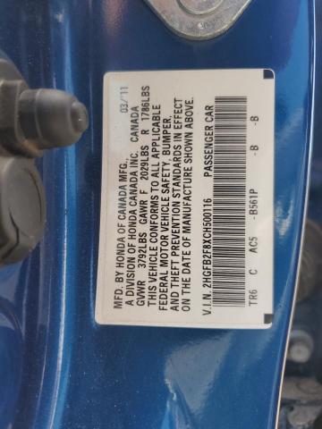 2HGFB2F8XCH500116 - 2012 HONDA CIVIC EX BLUE photo 12