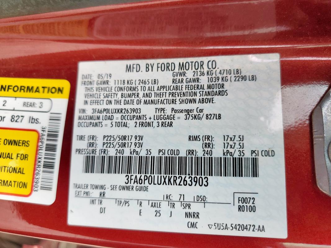 3FA6P0LUXKR263903 - 2019 FORD FUSION SE RED photo 12