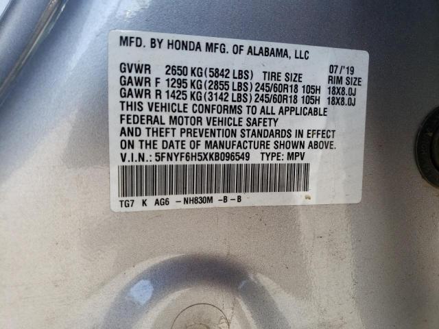 5FNYF6H5XKB096549 - 2019 HONDA PILOT EXL Srebrny zdjęcie 12