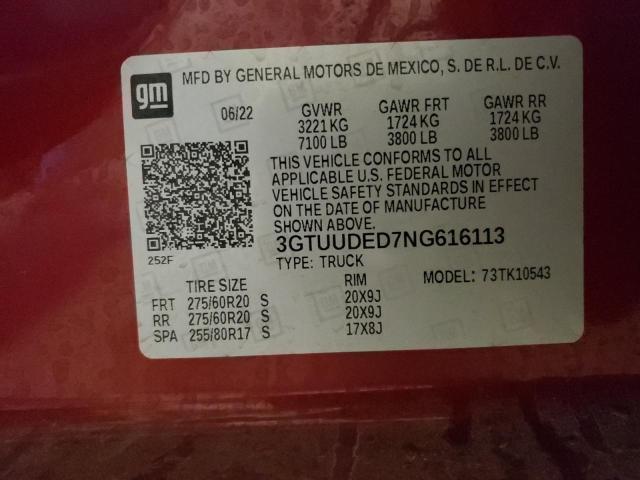 3GTUUDED7NG616113 - 2022 GMC SIERRA K1500 SLT RED photo 12