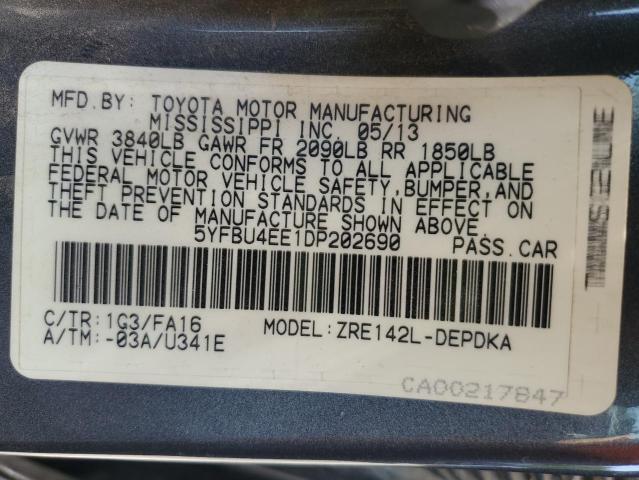 5YFBU4EE1DP202690 - 2013 TOYOTA COROLLA BASE Grau Foto 12