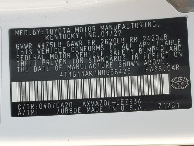 4T1G11AK1NU666426 - 2022 TOYOTA CAMRY SE 白色 照片 12