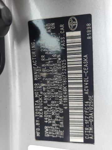 4T1BE46K18U752025 - 2008 TOYOTA CAMRY CE SILVER photo 12