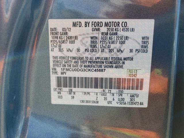 1FMCU0DG3CKC45887 - 2012 FORD ESCAPE XLT BLUE photo 12