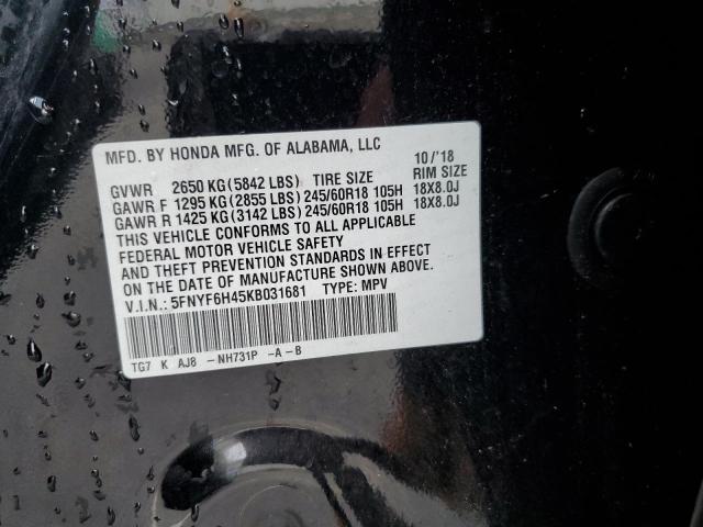 5FNYF6H45KB031681 - 2019 HONDA PILOT EXL Siyah fotoğraf 13