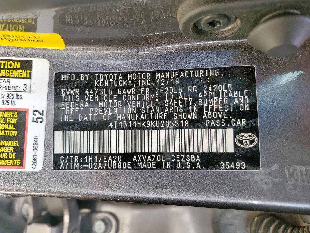 4T1B11HK9KU205518 - 2019 TOYOTA CAMRY L GRAY photo 12