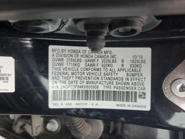 2HGFC2F84KH605908 - 2019 HONDA CIVIC SPORT შავი ფოტო 12