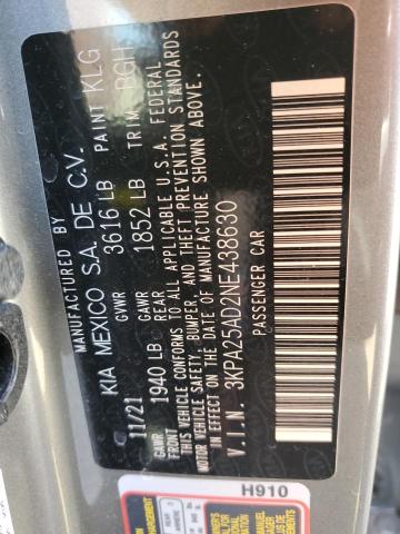 3KPA25AD2NE438630 - 2022 KIA RIO S SILVER photo 12