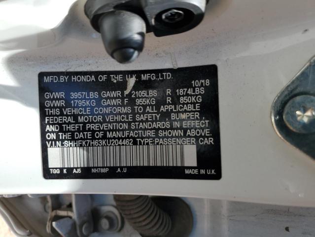 SHHFK7H63KU204462 - 2019 HONDA CIVIC EX თეთრი ფოტო 12