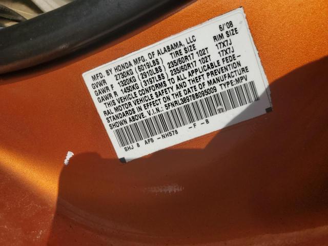 5FNRL38978B095009 - 2008 HONDA ODYSSEY TOURING ORANGE photo 13