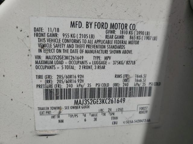 MAJ3S2GE3KC261649 - 2019 FORD ECOSPORT SE თეთრი ფოტო 13
