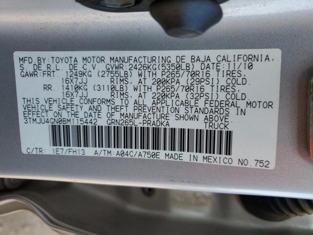 3TMJU4GN0BM115442 - 2011 TOYOTA TACOMA DOUBLE CAB PRERUNNER SILVER photo 12