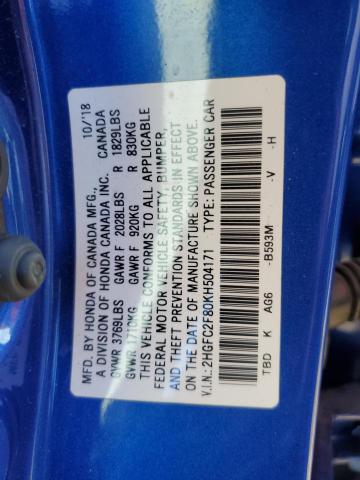 2HGFC2F80KH504171 - 2019 HONDA CIVIC SPORT ლურჯი ფოტო 12