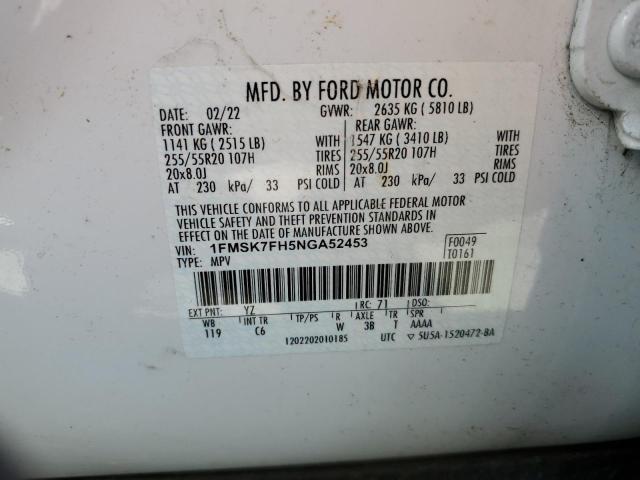 1FMSK7FH5NGA52453 - 2022 FORD EXPLORER LIMITED WHITE photo 13