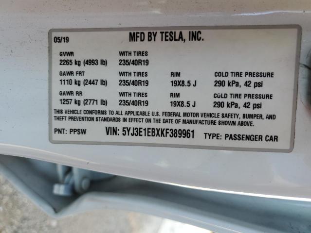 5YJ3E1EBXKF389961 - 2019 TESLA MODEL 3 Білий фото 12