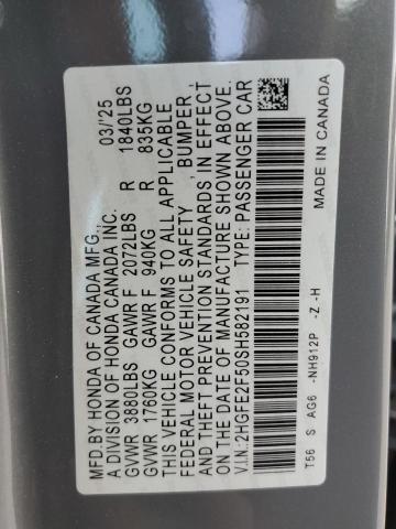 2HGFE2F50SH582191 - 2025 HONDA CIVIC SPORT 灰色 照片 12