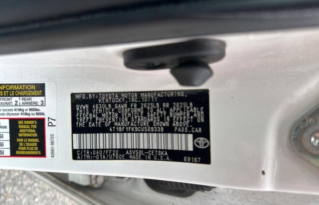 4T1BF1FK9CU509339 - 2012 TOYOTA CAMRY BASE WHITE photo 10