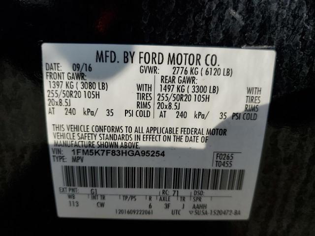 1FM5K7F83HGA95254 - 2017 FORD EXPLORER LIMITED BLACK photo 13