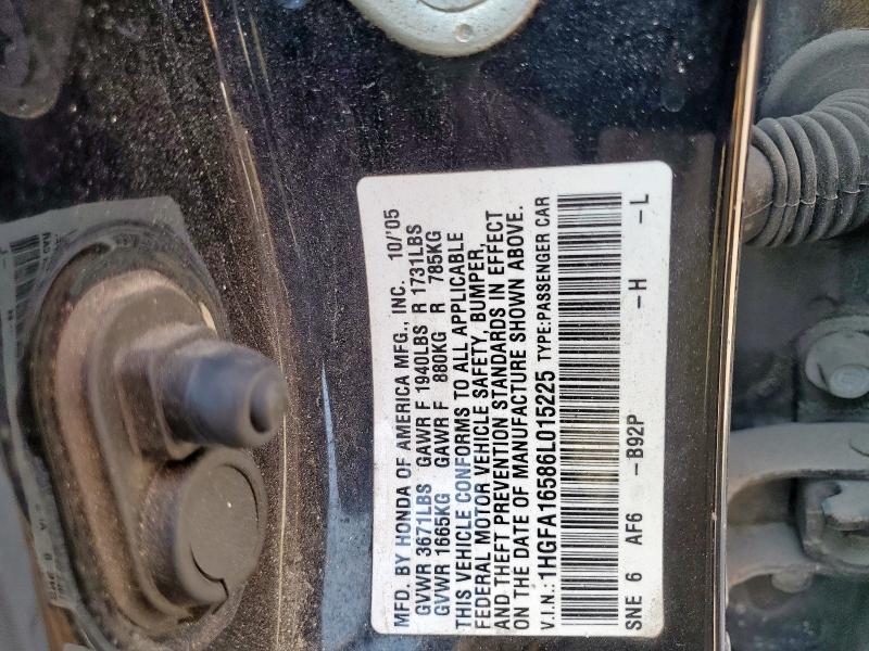 1HGFA16586L015225 - 2006 HONDA CIVIC LX BLACK photo 12