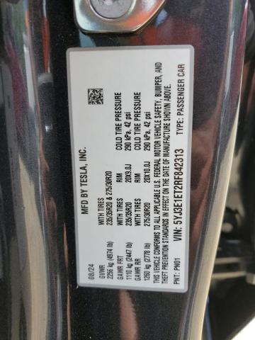 5YJ3E1ET2RF842313 - 2024 TESLA MODEL 3 BLACK photo 12