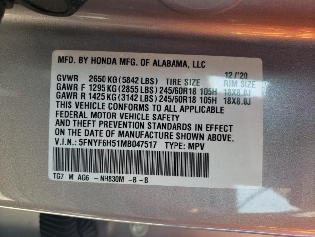 5FNYF6H51MB047517 - 2021 HONDA PILOT EXL SILVER photo 13