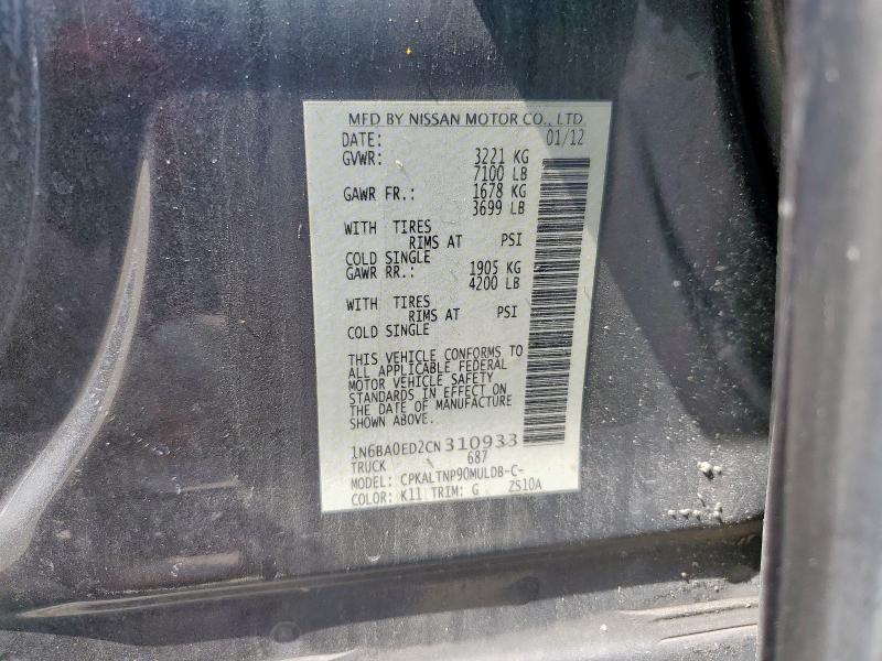 1N6BA0ED2CN310933 - 2012 NISSAN TITAN S GRAY photo 12