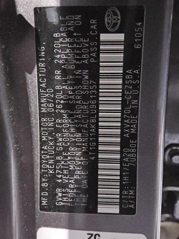 4T1G11AK8LU961357 - 2020 TOYOTA CAMRY SE 灰色 照片 12