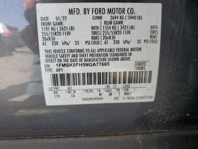 1FMSK8FH5NGA77665 - 2022 FORD EXPLORER LIMITED ნაცრისფერი ფოტო 13