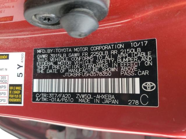 JTDKBRFU5H3578350 - 2017 TOYOTA PRIUS 红色 照片 12