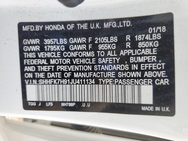 SHHFK7H91JU411134 - 2018 HONDA CIVIC SPORT TOURING WHITE photo 13