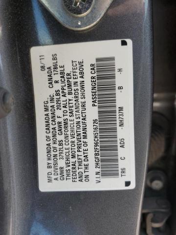 2HGFB2F96CH516726 - 2012 HONDA CIVIC EXL 灰色 照片 13