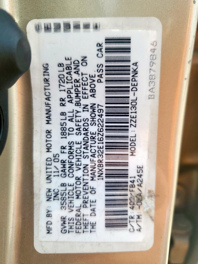 1NXBR32E16Z622497 - 2006 TOYOTA COROLLA CE Ոսկեգույն լուսանկար 13