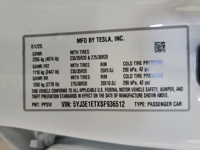 5YJ3E1ETXSF936512 - 2025 TESLA MODEL 3 WHITE photo 12